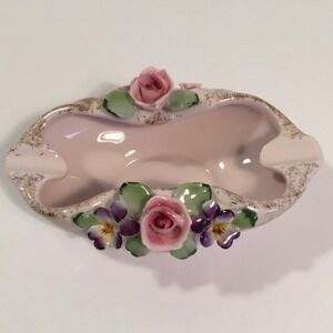 L'Amour Vintage Ashtray Hand Painted Raised Flowers Pink Porcelain Trinket Dish